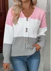 Pink tops,Contrast Color tops,Tummy Coverage Pink V Neck Long Sleeve Sweater