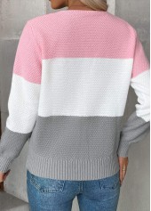 Pink tops,Contrast Color tops,Tummy Coverage Pink V Neck Long Sleeve Sweater