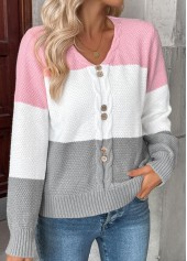Pink tops,Contrast Color tops,Tummy Coverage Pink V Neck Long Sleeve Sweater