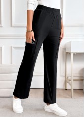 Black bottoms,Plain Color bottoms,Pocket Black Straight Leg Elastic Waist High Waisted Pants