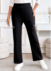 Black bottoms,Plain Color bottoms,Pocket Black Straight Leg Elastic Waist High Waisted Pants