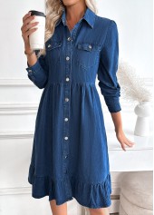 Denim Blue dresses,Plain Color dresses,Everyday dresses,Casual dresses,Tummy Coverage Denim Blue Shirt Collar Long Sleeve Dress