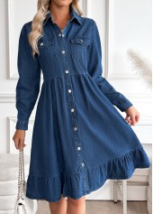 Denim Blue dresses,Plain Color dresses,Everyday dresses,Casual dresses,Tummy Coverage Denim Blue Shirt Collar Long Sleeve Dress