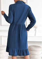 Denim Blue dresses,Plain Color dresses,Everyday dresses,Casual dresses,Tummy Coverage Denim Blue Shirt Collar Long Sleeve Dress