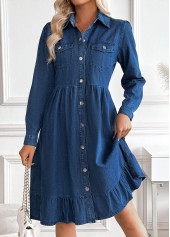 robe à manches longues et col chemise bleu en jean couvrant le ventre