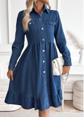 Denim Blue dresses,Plain Color dresses,Everyday dresses,Casual dresses,Tummy Coverage Denim Blue Shirt Collar Long Sleeve Dress
