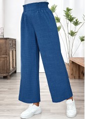 Blue bottoms,Plain Color bottoms,Blue Wide Leg Elastic Waist High Waisted Pants