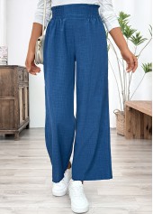 Blue bottoms,Plain Color bottoms,Blue Wide Leg Elastic Waist High Waisted Pants