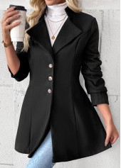 Black tops,Plain Color tops,Tummy Coverage Black Lapel Long Sleeve Coat