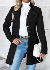 Black tops,Plain Color tops,Tummy Coverage Black Lapel Long Sleeve Coat