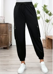 Black bottoms,Plain Color bottoms,Pocket Black Jogger Elastic Waist High Waisted Pants