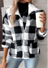 Black tops,Plaid tops,Geometric tops,Tummy Coverage Plaid Black Turn Down Collar Coat
