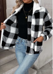 Black tops,Plaid tops,Geometric tops,Tummy Coverage Plaid Black Turn Down Collar Coat