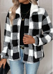 Black tops,Plaid tops,Geometric tops,Tummy Coverage Plaid Black Turn Down Collar Coat
