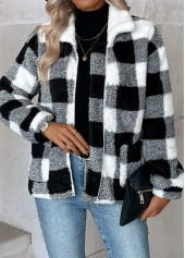 Black tops,Plaid tops,Geometric tops,Tummy Coverage Plaid Black Turn Down Collar Coat