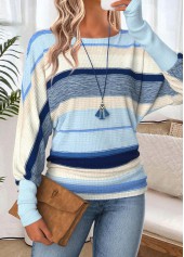 Light Blue tops,Striped tops,Geometric tops,ROTITA Tummy Coverage Striped Light Blue Round Neck T Shirt
