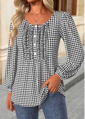 Black tops,Plaid tops,Geometric tops,ROTITA Frill Plaid Black Round Neck Long Sleeve Blouse