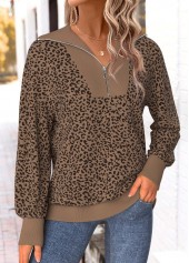 Dark Coffee tops,Animal Print tops,ROTITA Zipper Animal Print Dark Coffee Turn Down Collar Sweatshirt