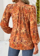 Terracotta tops,Floral tops,Plants tops,ROTITA Frill Floral Print Terracotta Round Neck Long Sleeve Blouse