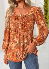 Terracotta tops,Floral tops,Plants tops,ROTITA Frill Floral Print Terracotta Round Neck Long Sleeve Blouse