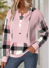 Light Pink tops,Plaid tops,Geometric tops,ROTITA Tummy Coverage Plaid Light Pink Long Sleeve Hoodie