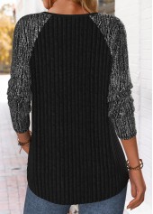 Black tops,Plain Color tops,ROTITA Tummy Coverage Black Split Neck Long Sleeve T Shirt