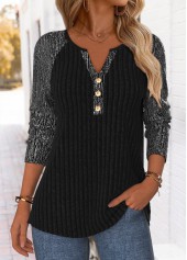 Black tops,Plain Color tops,ROTITA Tummy Coverage Black Split Neck Long Sleeve T Shirt