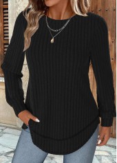 Black tops,Plain Color tops,ROTITA Black Round Neck Long Sleeve Sweatshirt