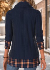 Navy tops,Plaid tops,Geometric tops,ROTITA Tummy Coverage Plaid Navy Cowl Neck Long Sleeve Sweatshirt