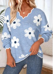 ROTITA Scalloped Hem Floral Print Dusty Blue V Neck Sweatshirt