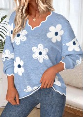 Dusty Blue tops,Floral tops,Plants tops,ROTITA Scalloped Hem Floral Print Dusty Blue V Neck Sweatshirt