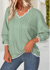 Sage Green tops,Contrast Color tops,ROTITA Scalloped Hem Sage Green V Neck Long Sleeve Sweatshirt