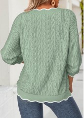 Sage Green tops,Contrast Color tops,ROTITA Scalloped Hem Sage Green V Neck Long Sleeve Sweatshirt