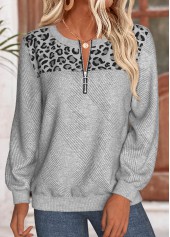 Light Grey Marl tops,Leopard tops,Animal Print tops,ROTITA Tummy Coverage Leopard Light Grey Marl Round Neck Sweatshirt
