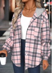 Light Pink tops,Plaid tops,Geometric tops,ROTITA Tummy Coverage Plaid Light Pink Long Sleeve Hoodie