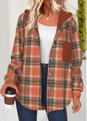 Terracotta tops,Plaid tops,Geometric tops,ROTITA Tummy Coverage Plaid Terracotta Hooded Long Sleeve Track Jacket