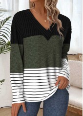Olive Green tops,Striped tops,Geometric tops,Contrast Color tops,ROTITA Tummy Coverage Striped Olive Green V Neck T Shirt