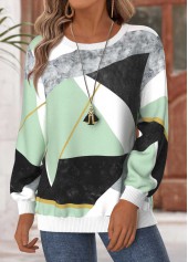 ROTITA Tummy Coverage Geometric Print Mint Green Round Neck Sweatshirt