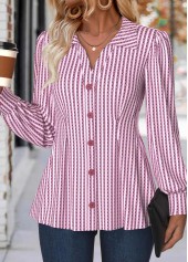 Light Pink tops,Striped tops,Geometric tops,ROTITA Tummy Coverage Striped Light Pink Turn Down Collar Shirt