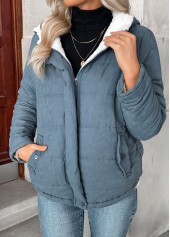Denim Blue tops,Plain Color tops,Tummy Coverage Denim Blue Hooded Long Sleeve Coat