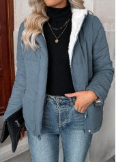 Denim Blue tops,Plain Color tops,Tummy Coverage Denim Blue Hooded Long Sleeve Coat