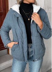 Denim Blue tops,Plain Color tops,Tummy Coverage Denim Blue Hooded Long Sleeve Coat