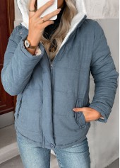 Denim Blue tops,Plain Color tops,Tummy Coverage Denim Blue Hooded Long Sleeve Coat
