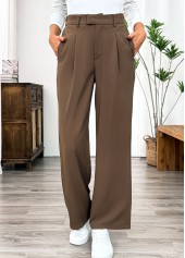 Dark Camel bottoms,Plain Color bottoms,Pocket Dark Camel Straight Leg Elastic Waist Pants