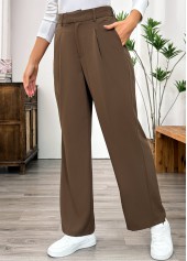 Dark Camel bottoms,Plain Color bottoms,Pocket Dark Camel Straight Leg Elastic Waist Pants
