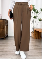 Dark Camel bottoms,Plain Color bottoms,Pocket Dark Camel Straight Leg Elastic Waist Pants