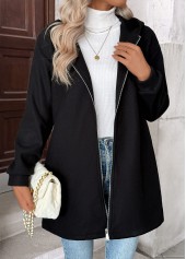 Black tops,Plain Color tops,Tummy Coverage Black Hooded Long Sleeve Coat