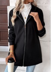 Black tops,Plain Color tops,Tummy Coverage Black Hooded Long Sleeve Coat