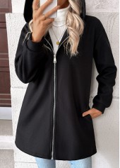 Black tops,Plain Color tops,Tummy Coverage Black Hooded Long Sleeve Coat