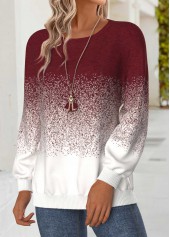 Wine Red tops,Ombre tops,ROTITA Tummy Coverage Ombre Wine Red Round Neck Sweatshirt